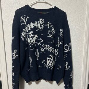 Navy Blue Sweater with Western Print